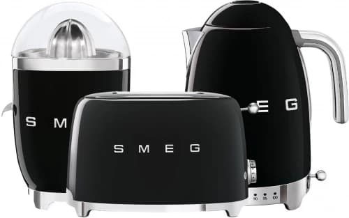 Zestaw SMEG 50's Style · Czarny: toster TSF01BLEU, czajnik KLF03BLEU i wyciskarka CJF01BLEU